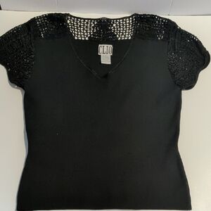 Vintage - Clio Black Short-Sleeve V-Neck Top with Crochet Yoke